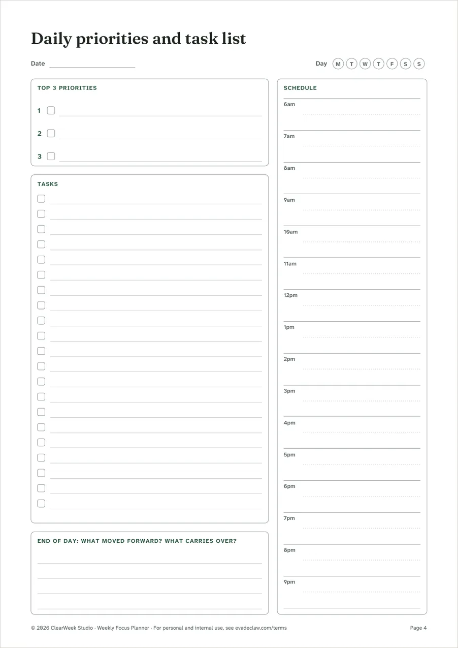 Daily priorities and task list, with an hour-by-hour schedule